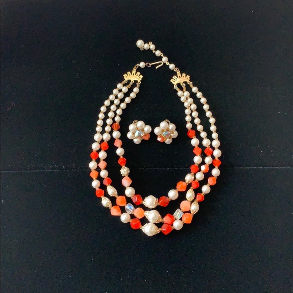 Vintage Japan triple strand necklace & earring set